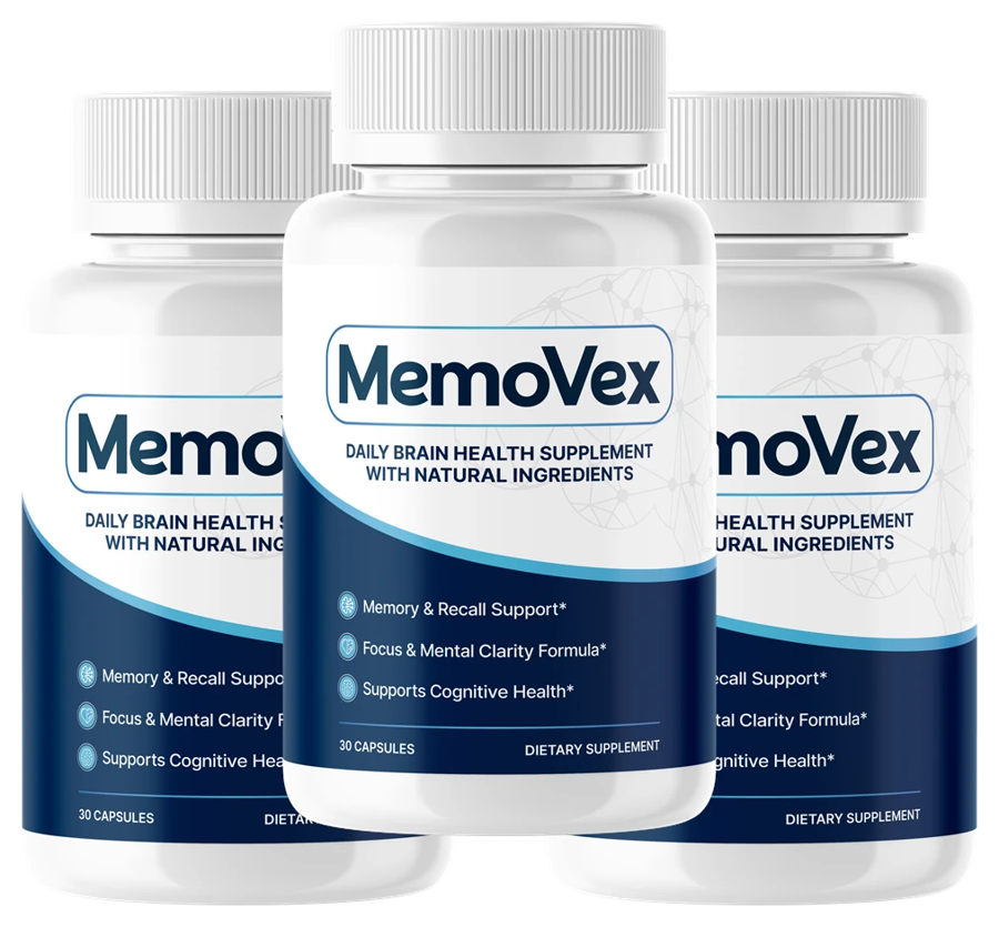Three bottles of MemoVex daily brain health supplement capsules